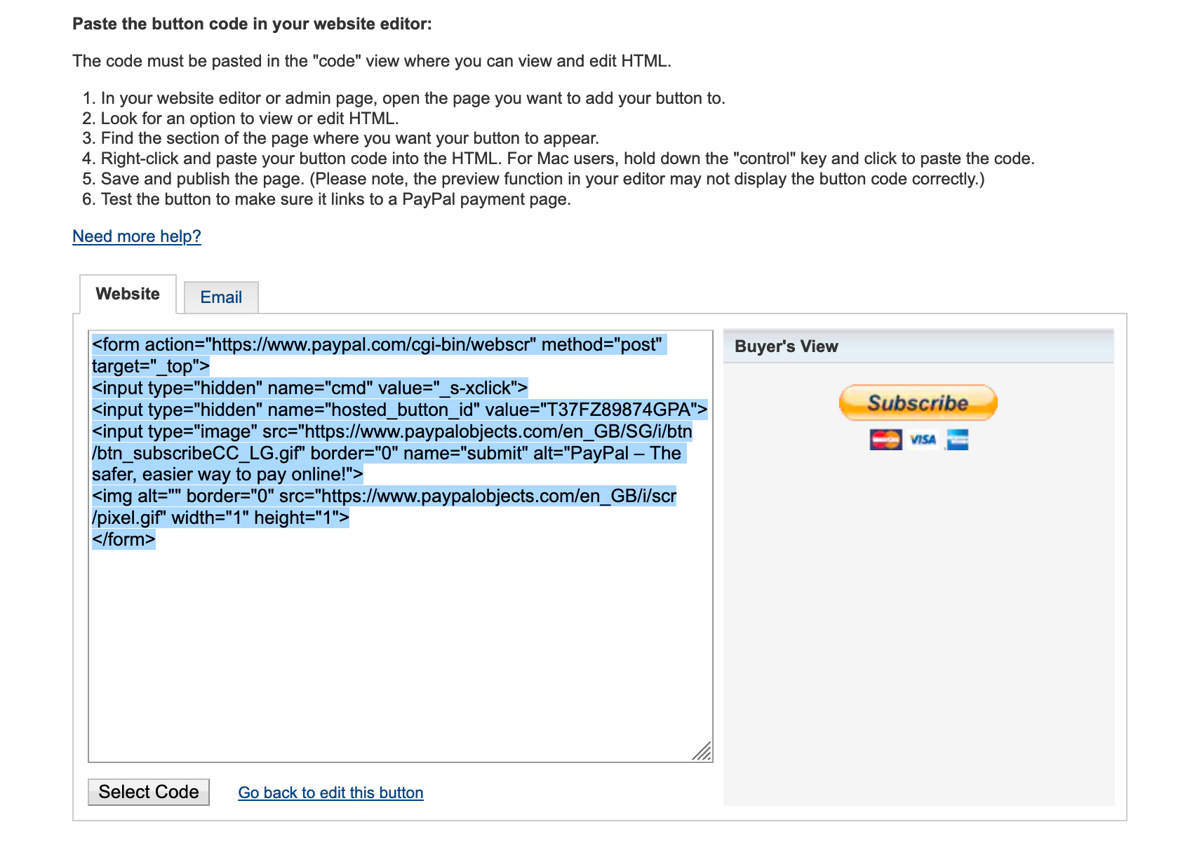 Embed code for PayPal Buy Buttons